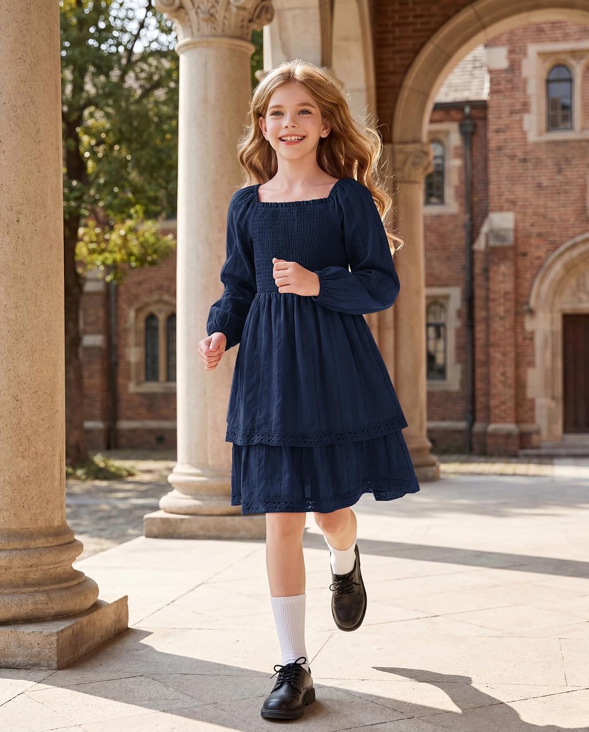 image:imageGRACE KARIN Girls Fall Cotton Dress Long Sleeve Smocked Dresses for 714Y Layered Square Neck Lace Trim Flowy Casual School Party Formal Birthday Christmas Holiday ALine Kids ClothesDark Blue