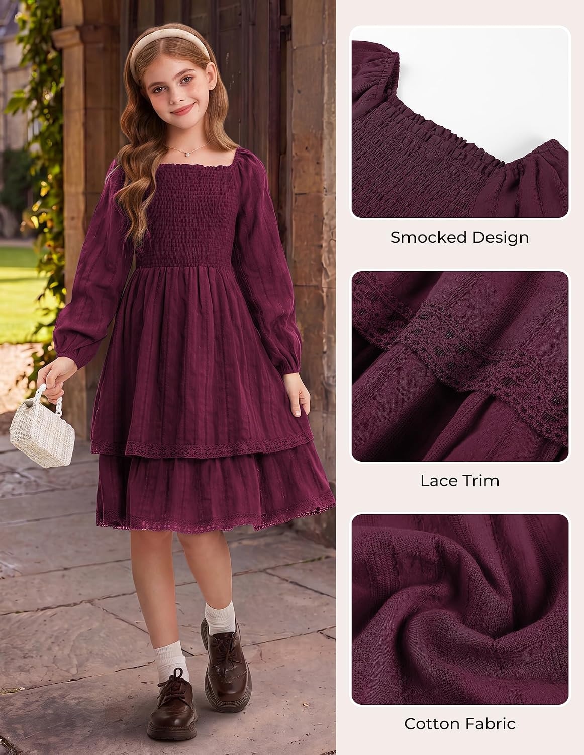 image:imageGRACE KARIN Girls Fall Cotton Dress Long Sleeve Smocked Dresses for 714Y Layered Square Neck Lace Trim Flowy Casual School Party Formal Birthday Christmas Holiday ALine Kids ClothesWine Red