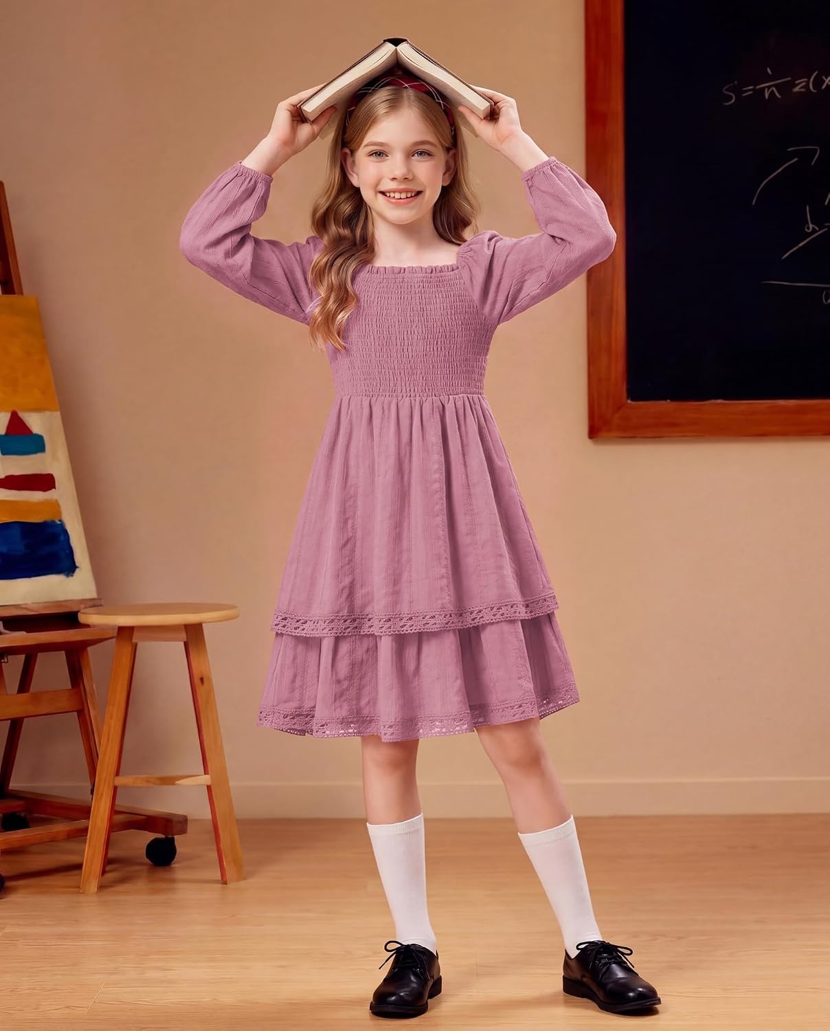 image:imageGRACE KARIN Girls Fall Cotton Dress Long Sleeve Smocked Dresses for 714Y Layered Square Neck Lace Trim Flowy Casual School Party Formal Birthday Christmas Holiday ALine Kids ClothesPink