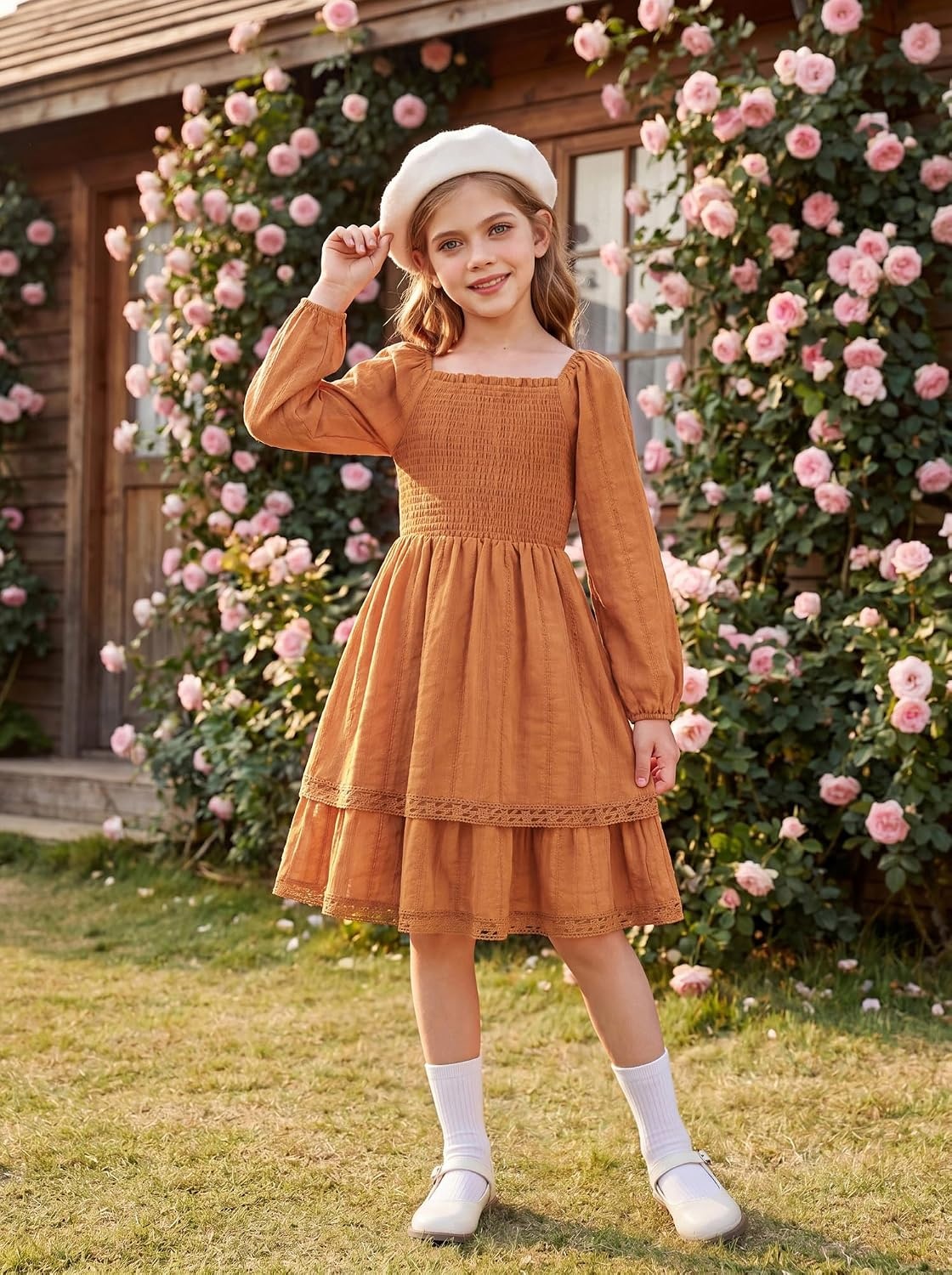image:imageGRACE KARIN Girls Fall Cotton Dress Long Sleeve Smocked Dresses for 714Y Layered Square Neck Lace Trim Flowy Casual School Party Formal Birthday Christmas Holiday ALine Kids ClothesPumpkin Orange