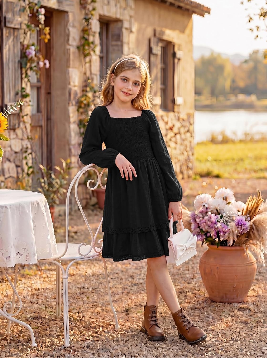 image:imageGRACE KARIN Girls Fall Cotton Dress Long Sleeve Smocked Dresses for 714Y Layered Square Neck Lace Trim Flowy Casual School Party Formal Birthday Christmas Holiday ALine Kids ClothesBlack