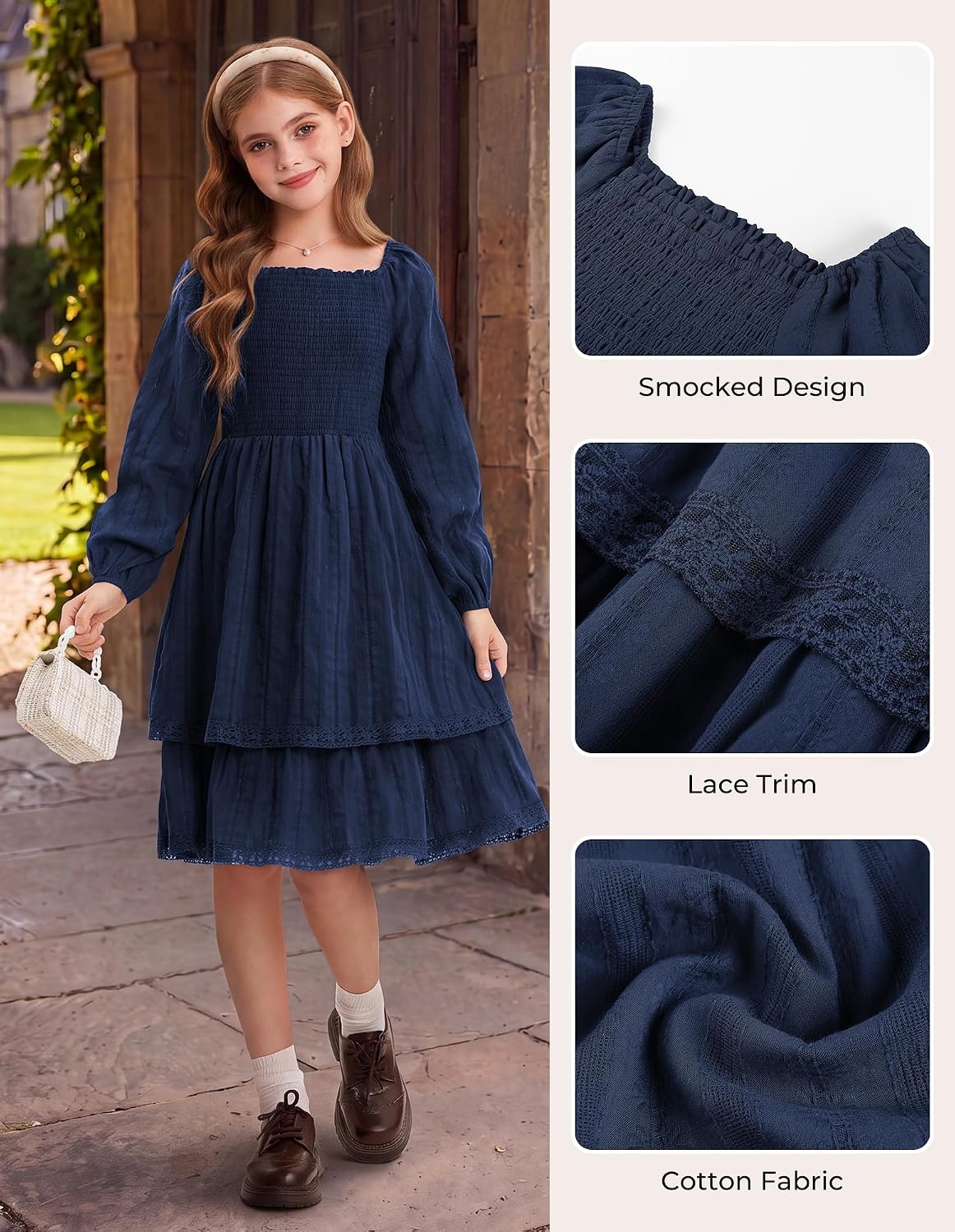 image:imageGRACE KARIN Girls Fall Cotton Dress Long Sleeve Smocked Dresses for 714Y Layered Square Neck Lace Trim Flowy Casual School Party Formal Birthday Christmas Holiday ALine Kids ClothesDark Blue