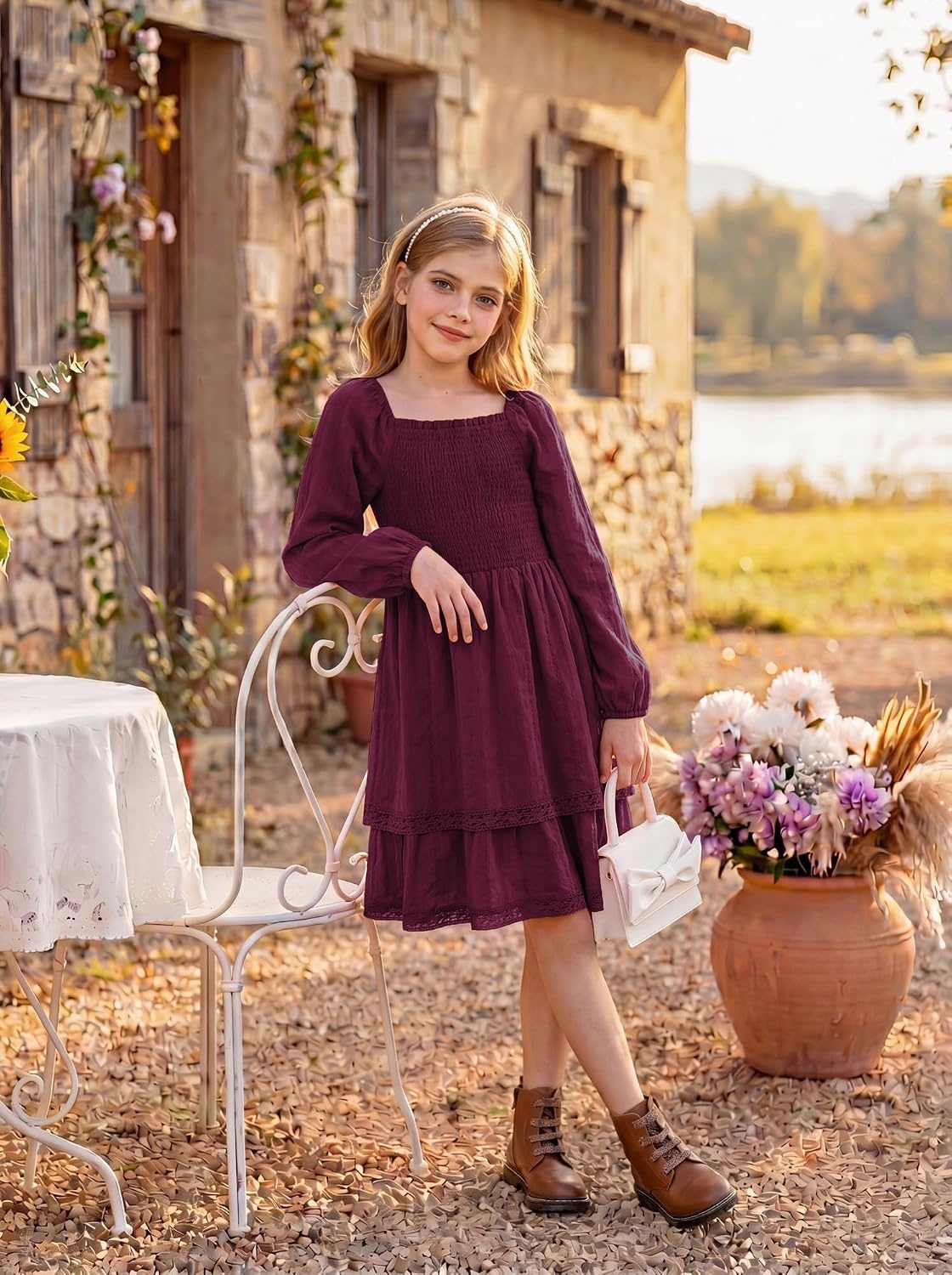image:imageGRACE KARIN Girls Fall Cotton Dress Long Sleeve Smocked Dresses for 714Y Layered Square Neck Lace Trim Flowy Casual School Party Formal Birthday Christmas Holiday ALine Kids ClothesWine Red