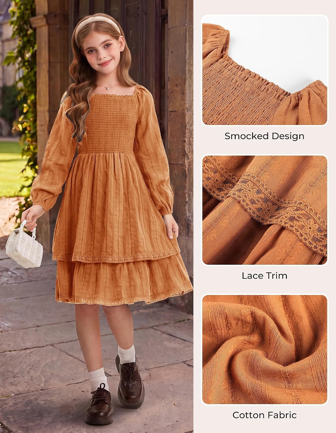 image:imageGRACE KARIN Girls Fall Cotton Dress Long Sleeve Smocked Dresses for 714Y Layered Square Neck Lace Trim Flowy Casual School Party Formal Birthday Christmas Holiday ALine Kids ClothesPumpkin Orange