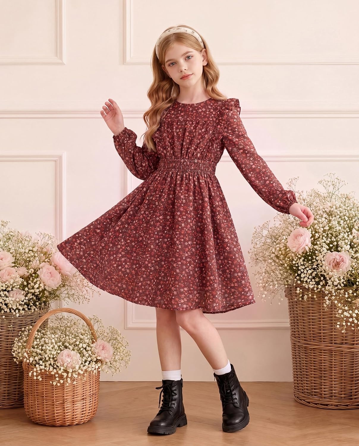 image:imageGRACE KARIN Girls Fall Long Sleeve Dress Floral Ruffle Dresses Size 714 Smocked Waist Crew Neck School Casual Holiday Church Party Birthday Christmas Flowy Aline Midi DressesBurgundy Floral