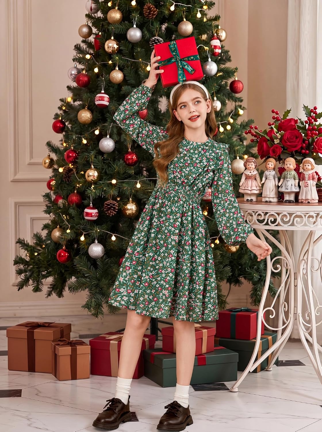 image:imageGRACE KARIN Girls Fall Long Sleeve Dress Floral Ruffle Dresses Size 714 Smocked Waist Crew Neck School Casual Holiday Church Party Birthday Christmas Flowy Aline Midi DressesDark Green Floral