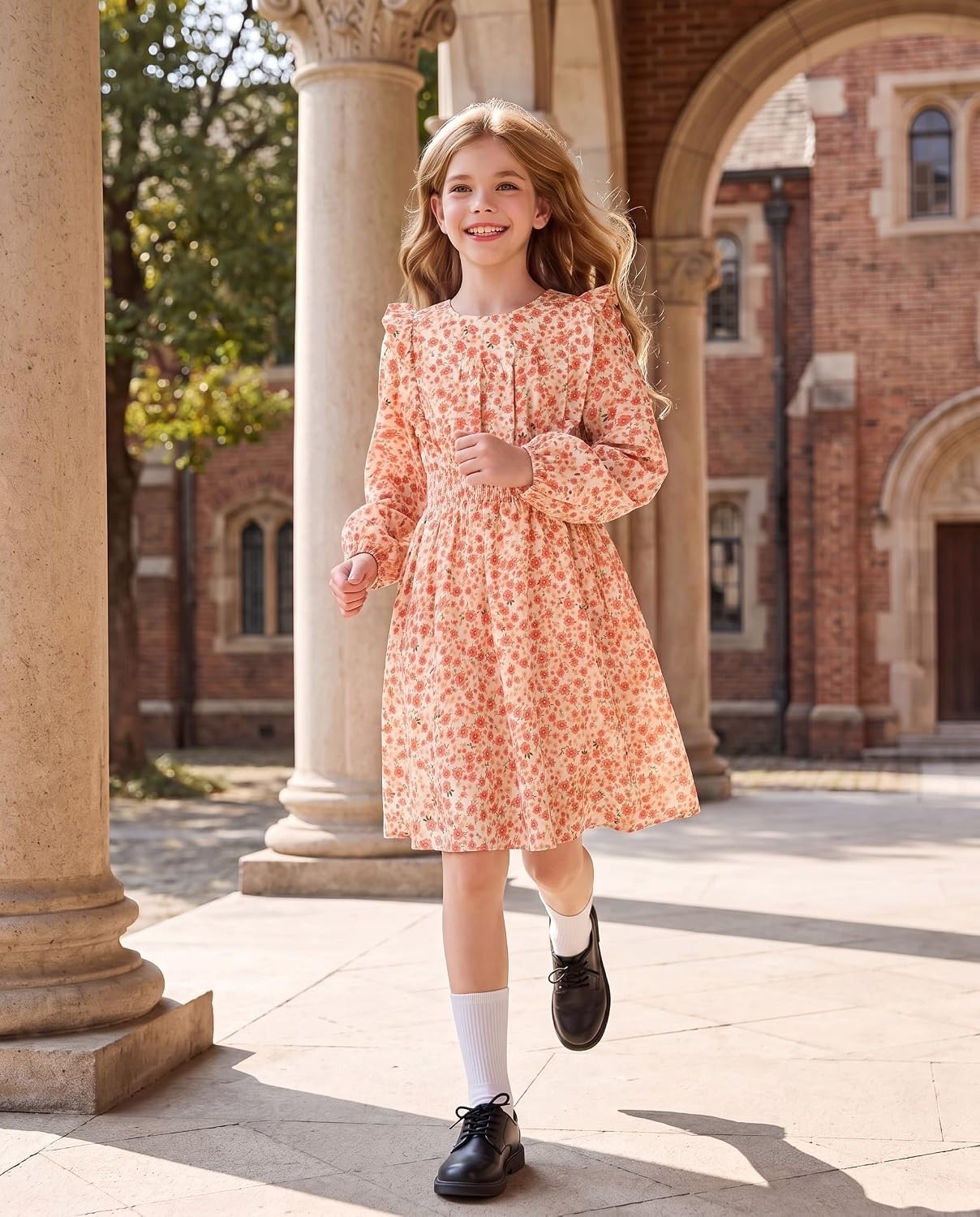 image:imageGRACE KARIN Girls Fall Long Sleeve Dress Floral Ruffle Dresses Size 714 Smocked Waist Crew Neck School Casual Holiday Church Party Birthday Christmas Flowy Aline Midi DressesLight Orange Floral