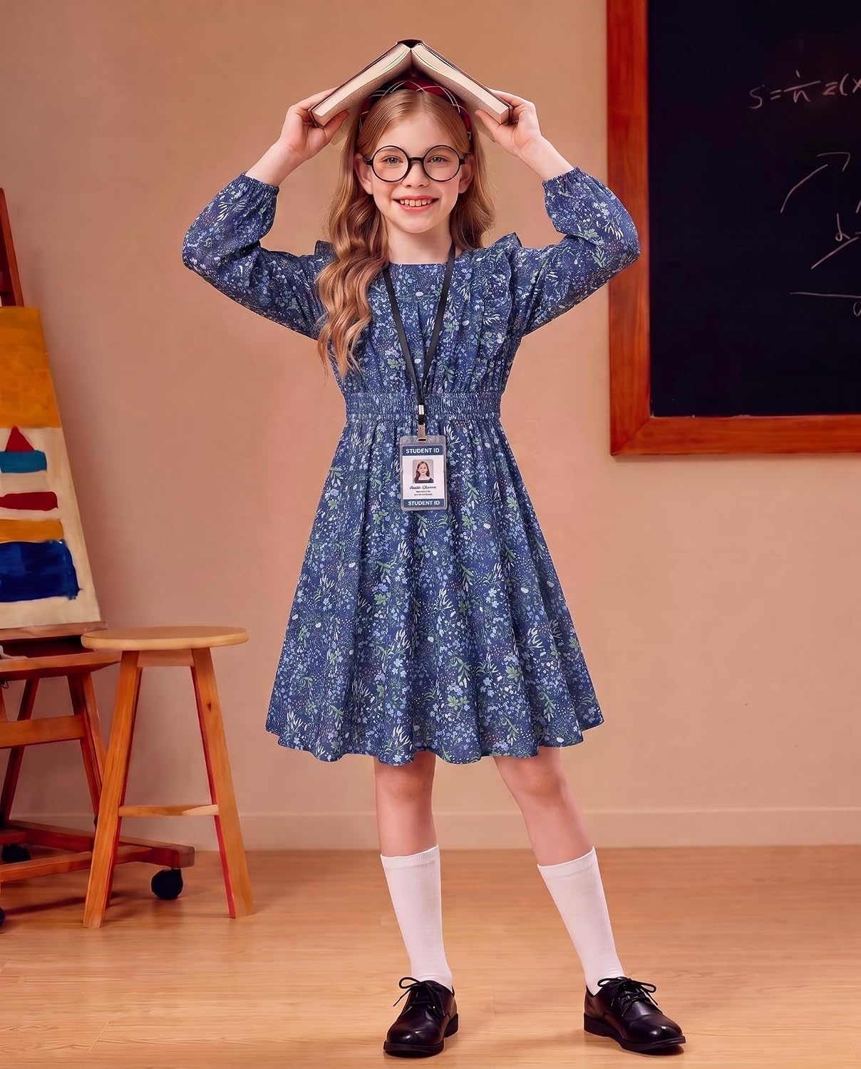 image:imageGRACE KARIN Girls Fall Long Sleeve Dress Floral Ruffle Dresses Size 714 Smocked Waist Crew Neck School Casual Holiday Church Party Birthday Christmas Flowy Aline Midi DressesNavy Blue Floral