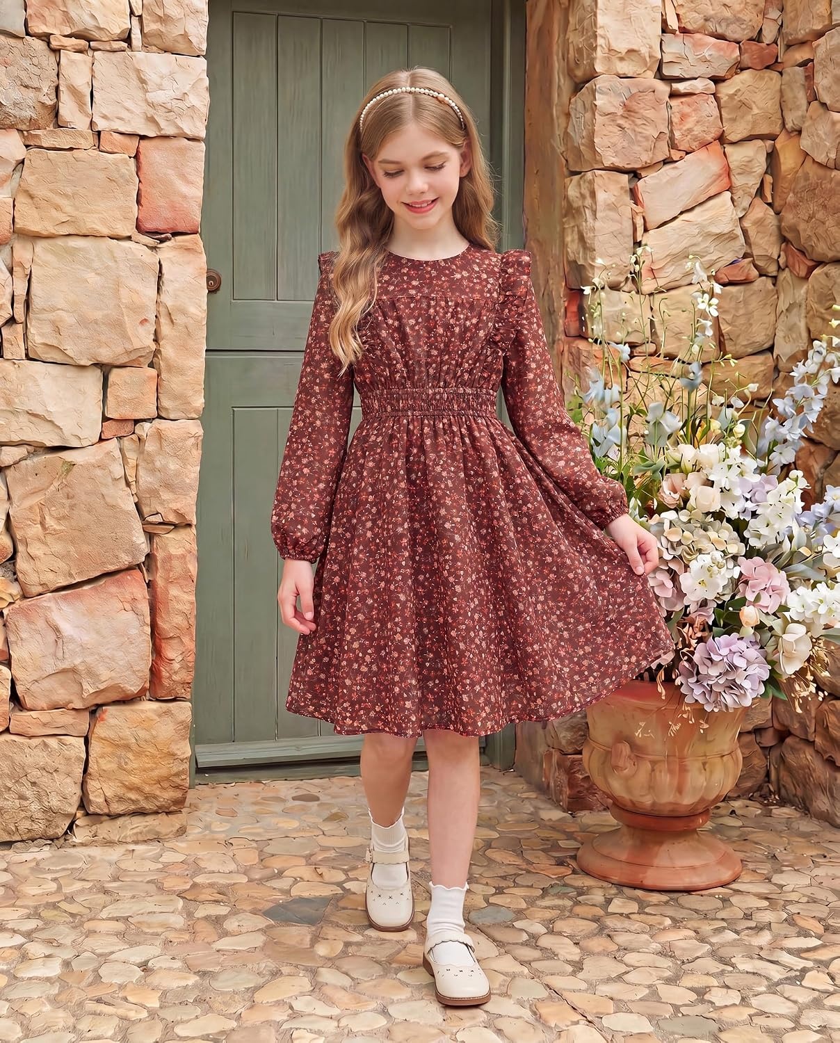 image:imageGRACE KARIN Girls Fall Long Sleeve Dress Floral Ruffle Dresses Size 714 Smocked Waist Crew Neck School Casual Holiday Church Party Birthday Christmas Flowy Aline Midi DressesBurgundy Floral