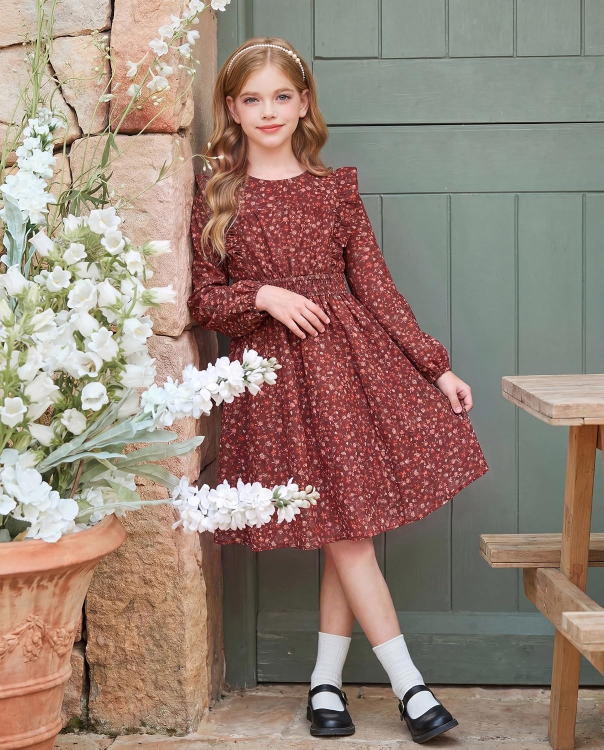 image:imageGRACE KARIN Girls Fall Long Sleeve Dress Floral Ruffle Dresses Size 714 Smocked Waist Crew Neck School Casual Holiday Church Party Birthday Christmas Flowy Aline Midi DressesBurgundy Floral