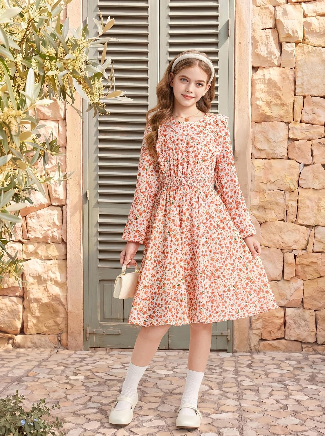 image:imageGRACE KARIN Girls Fall Long Sleeve Dress Floral Ruffle Dresses Size 714 Smocked Waist Crew Neck School Casual Holiday Church Party Birthday Christmas Flowy Aline Midi DressesLight Orange Floral