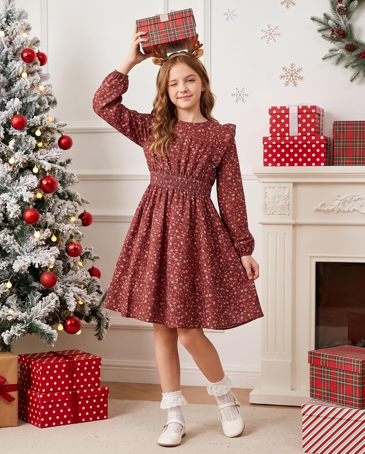 image:imageGRACE KARIN Girls Fall Long Sleeve Dress Floral Ruffle Dresses Size 714 Smocked Waist Crew Neck School Casual Holiday Church Party Birthday Christmas Flowy Aline Midi DressesBurgundy Floral