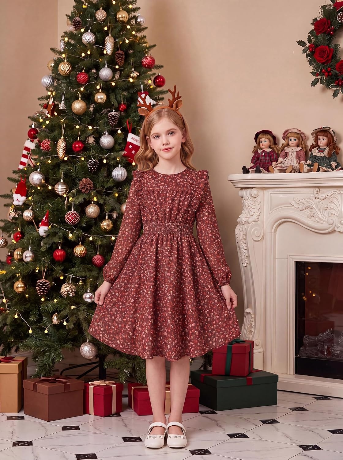 image:imageGRACE KARIN Girls Fall Long Sleeve Dress Floral Ruffle Dresses Size 714 Smocked Waist Crew Neck School Casual Holiday Church Party Birthday Christmas Flowy Aline Midi DressesBurgundy Floral
