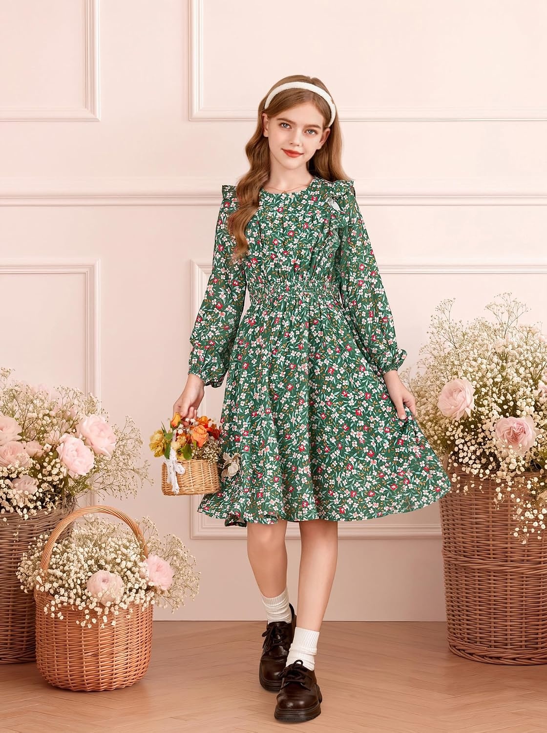 image:imageGRACE KARIN Girls Fall Long Sleeve Dress Floral Ruffle Dresses Size 714 Smocked Waist Crew Neck School Casual Holiday Church Party Birthday Christmas Flowy Aline Midi DressesDark Green Floral