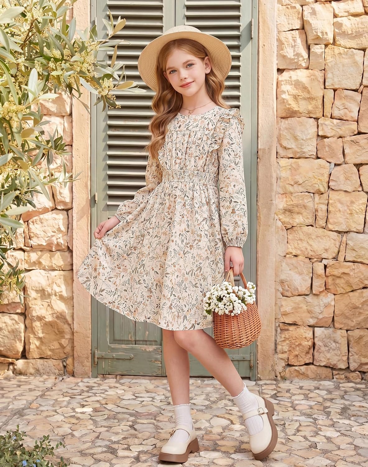 image:imageGRACE KARIN Girls Fall Long Sleeve Dress Floral Ruffle Dresses Size 714 Smocked Waist Crew Neck School Casual Holiday Church Party Birthday Christmas Flowy Aline Midi DressesApricot Floral