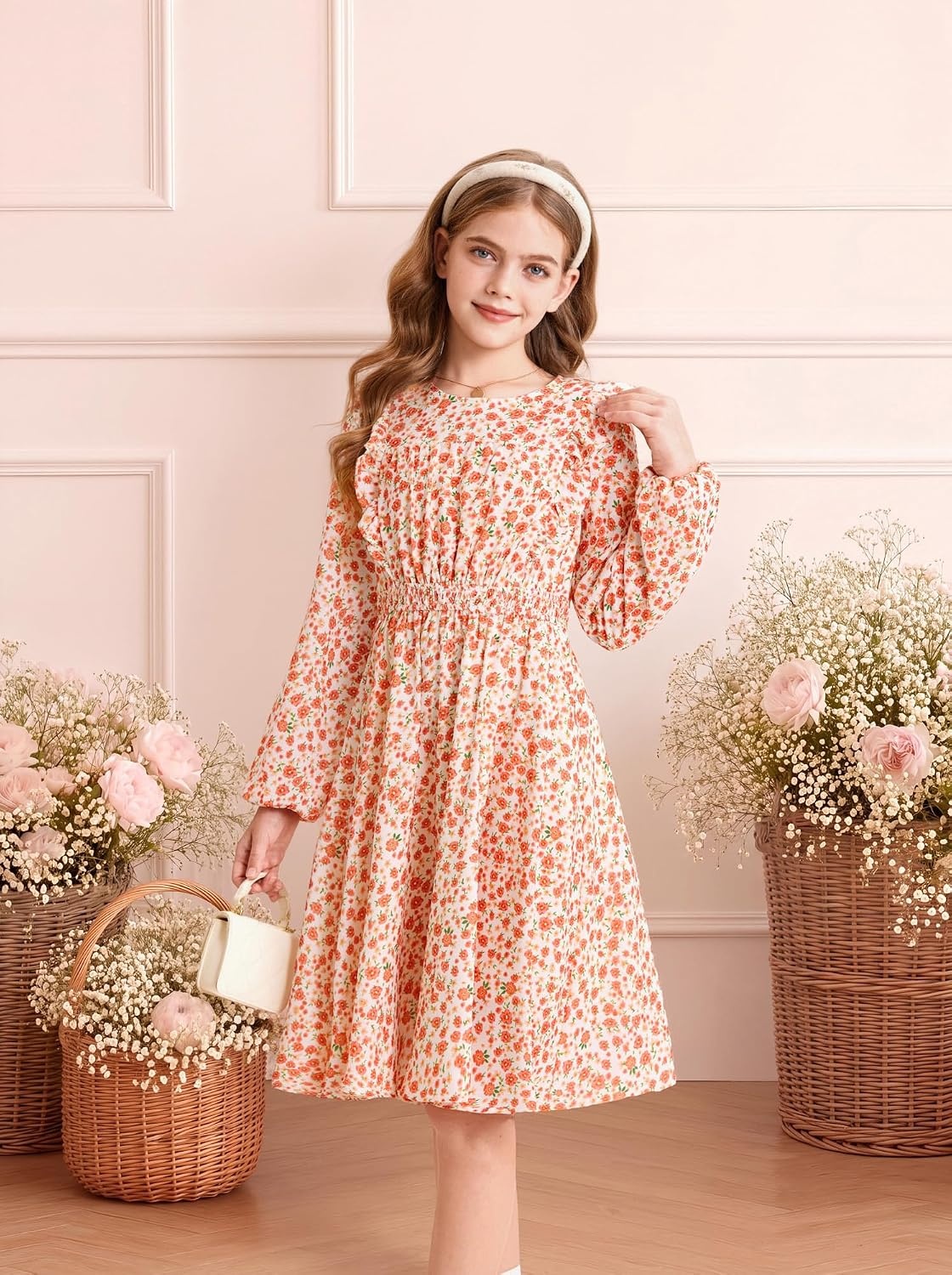 image:imageGRACE KARIN Girls Fall Long Sleeve Dress Floral Ruffle Dresses Size 714 Smocked Waist Crew Neck School Casual Holiday Church Party Birthday Christmas Flowy Aline Midi DressesLight Orange Floral