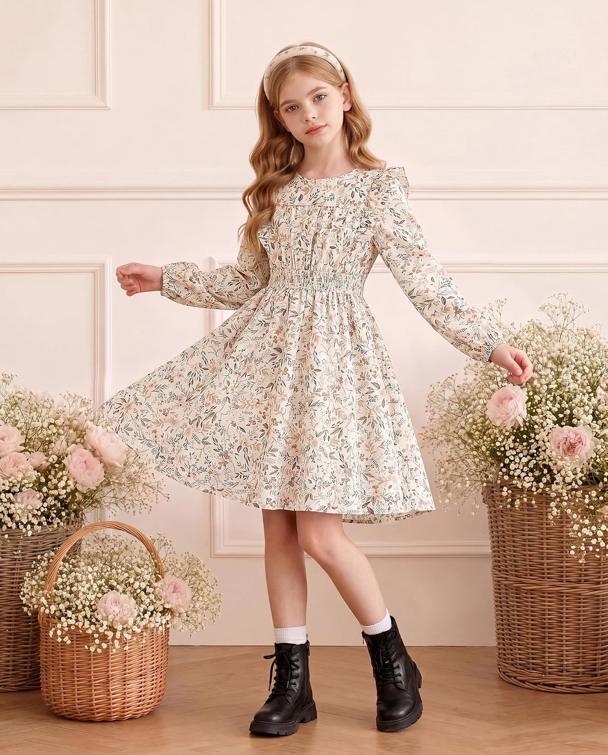 image:imageGRACE KARIN Girls Fall Long Sleeve Dress Floral Ruffle Dresses Size 714 Smocked Waist Crew Neck School Casual Holiday Church Party Birthday Christmas Flowy Aline Midi DressesApricot Floral
