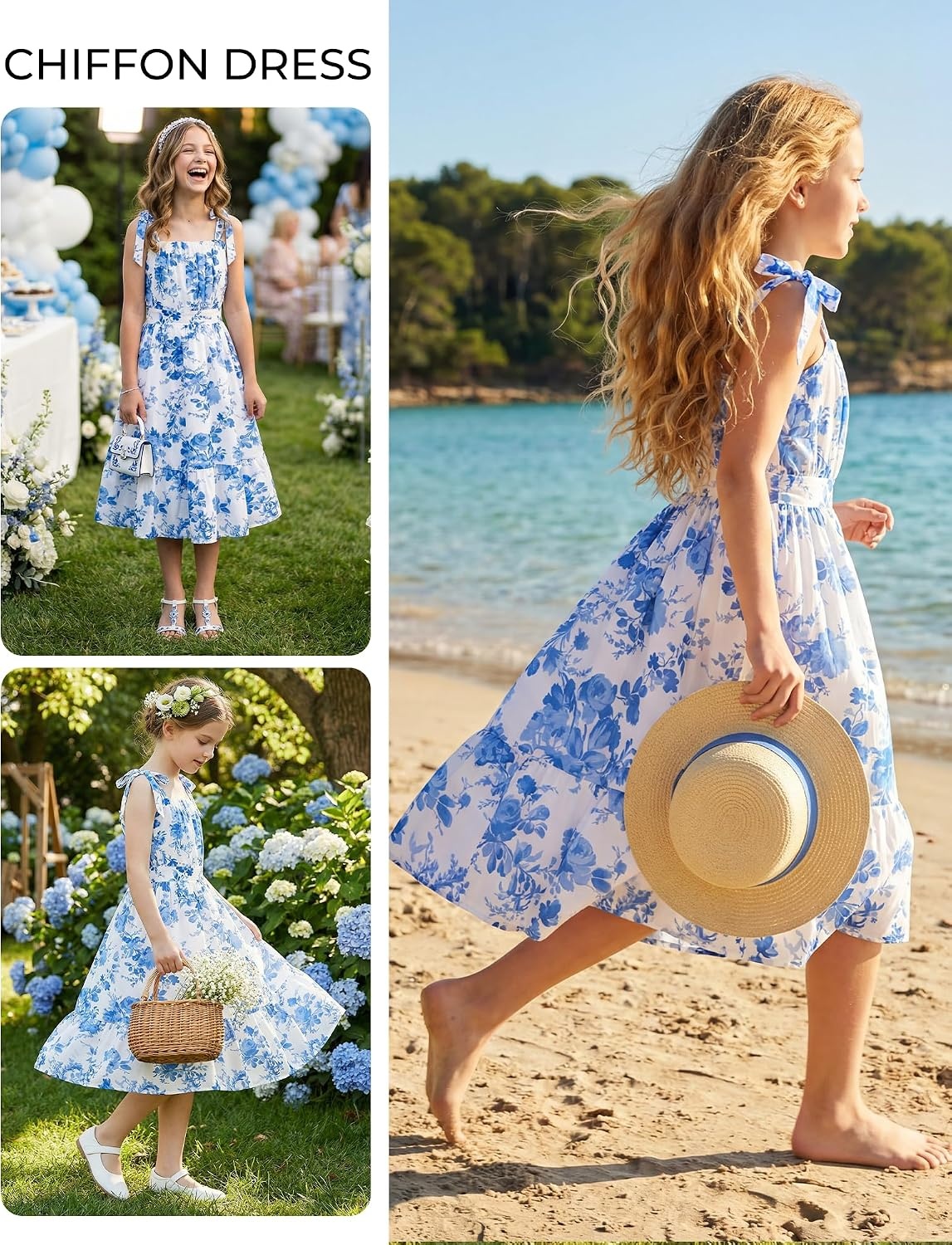 image:imageGRACE KARIN Girls Hawaiian Dress Floral Chiffon ALine Sleeveless Summer Sundress for Beach Vacation Party 716Blue Willow