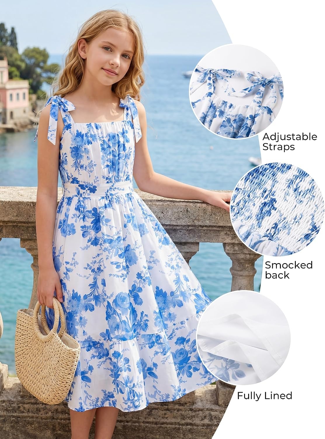 image:imageGRACE KARIN Girls Hawaiian Dress Floral Chiffon ALine Sleeveless Summer Sundress for Beach Vacation Party 716Blue Willow