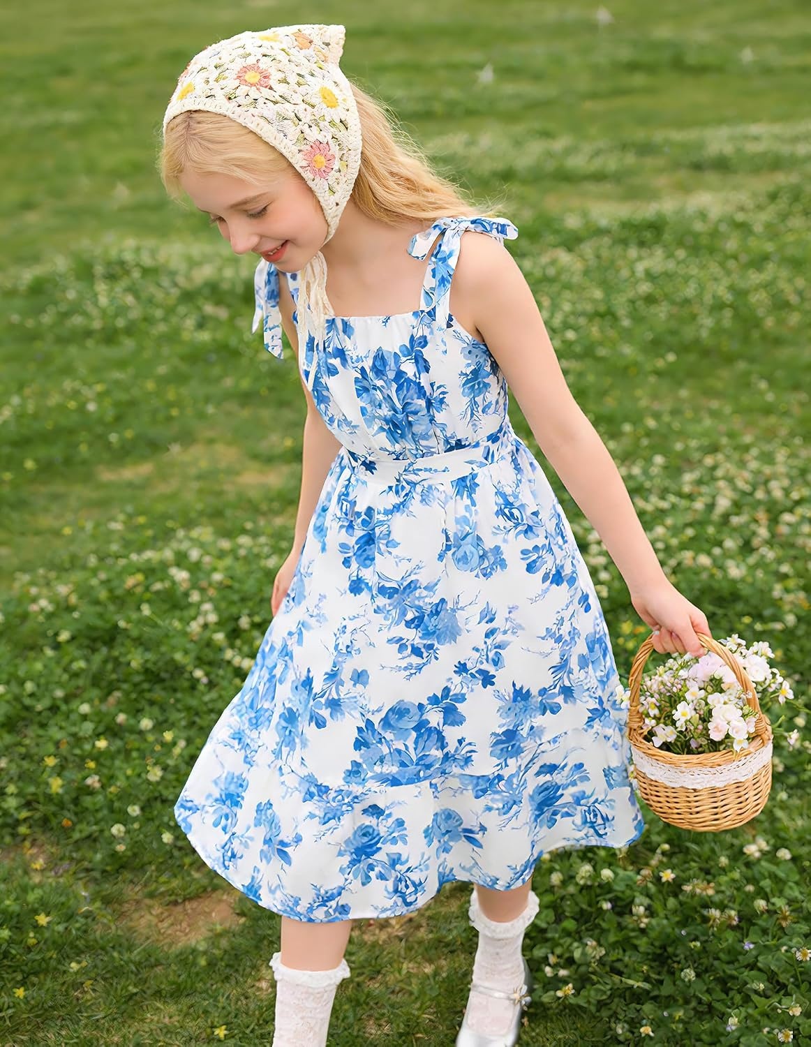 image:imageGRACE KARIN Girls Hawaiian Dress Floral Chiffon ALine Sleeveless Summer Sundress for Beach Vacation Party 716Blue Willow