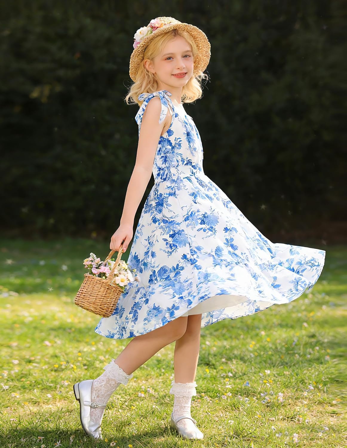 image:imageGRACE KARIN Girls Hawaiian Dress Floral Chiffon ALine Sleeveless Summer Sundress for Beach Vacation Party 716Blue Willow