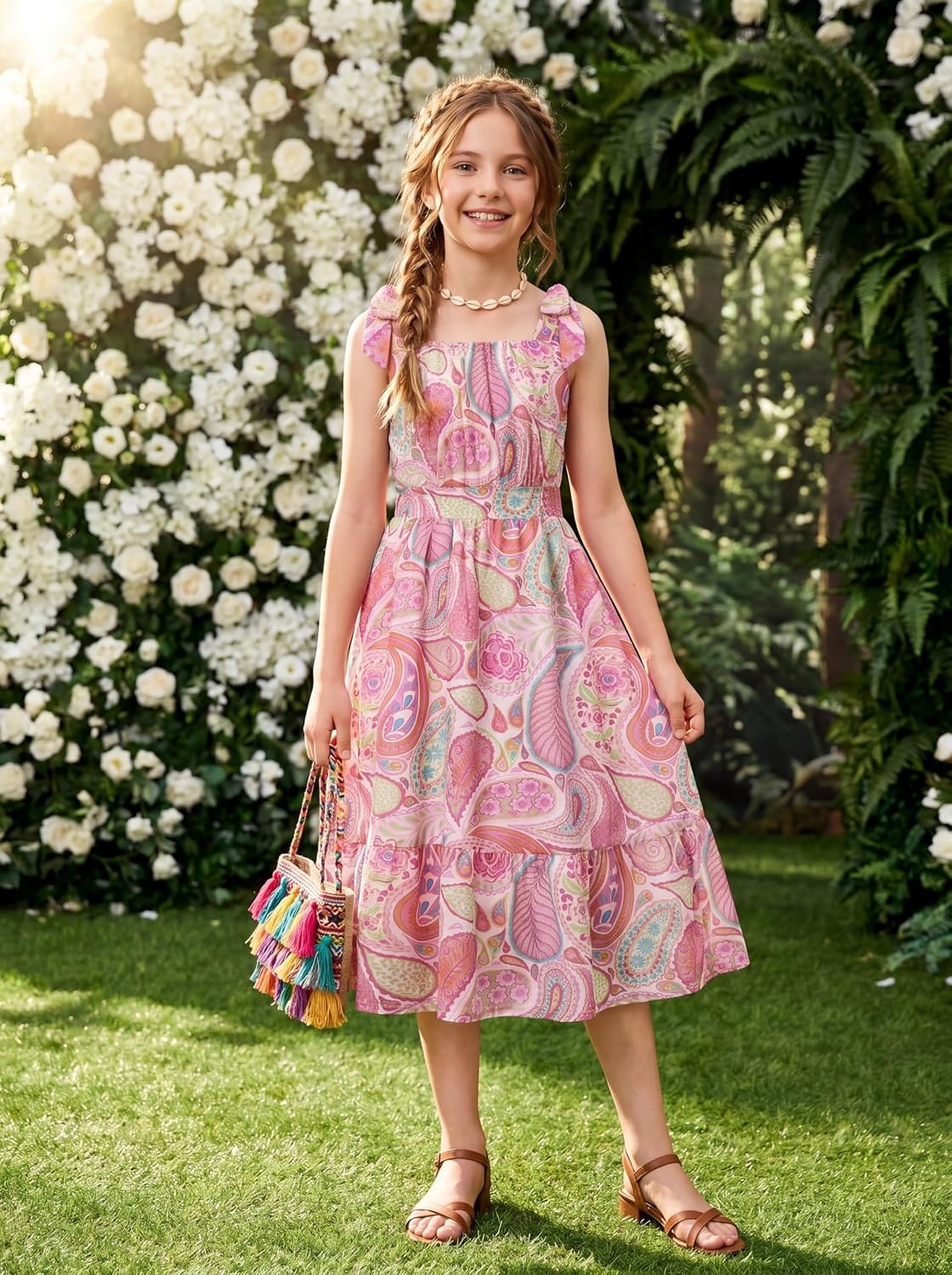 image:imageGRACE KARIN Girls Hawaiian Dress Floral Chiffon ALine Sleeveless Summer Sundress for Beach Vacation Party 716Blush Pink Paisley