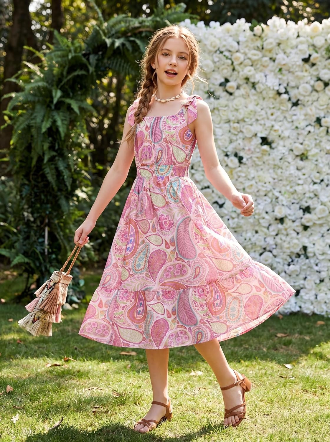image:imageGRACE KARIN Girls Hawaiian Dress Floral Chiffon ALine Sleeveless Summer Sundress for Beach Vacation Party 716Blush Pink Paisley