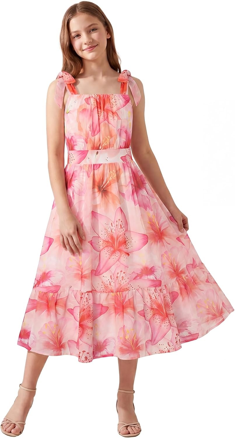 image:imageGRACE KARIN Girls Hawaiian Dress Floral Chiffon ALine Sleeveless Summer Sundress for Beach Vacation Party 716Coral Pink Large Floral