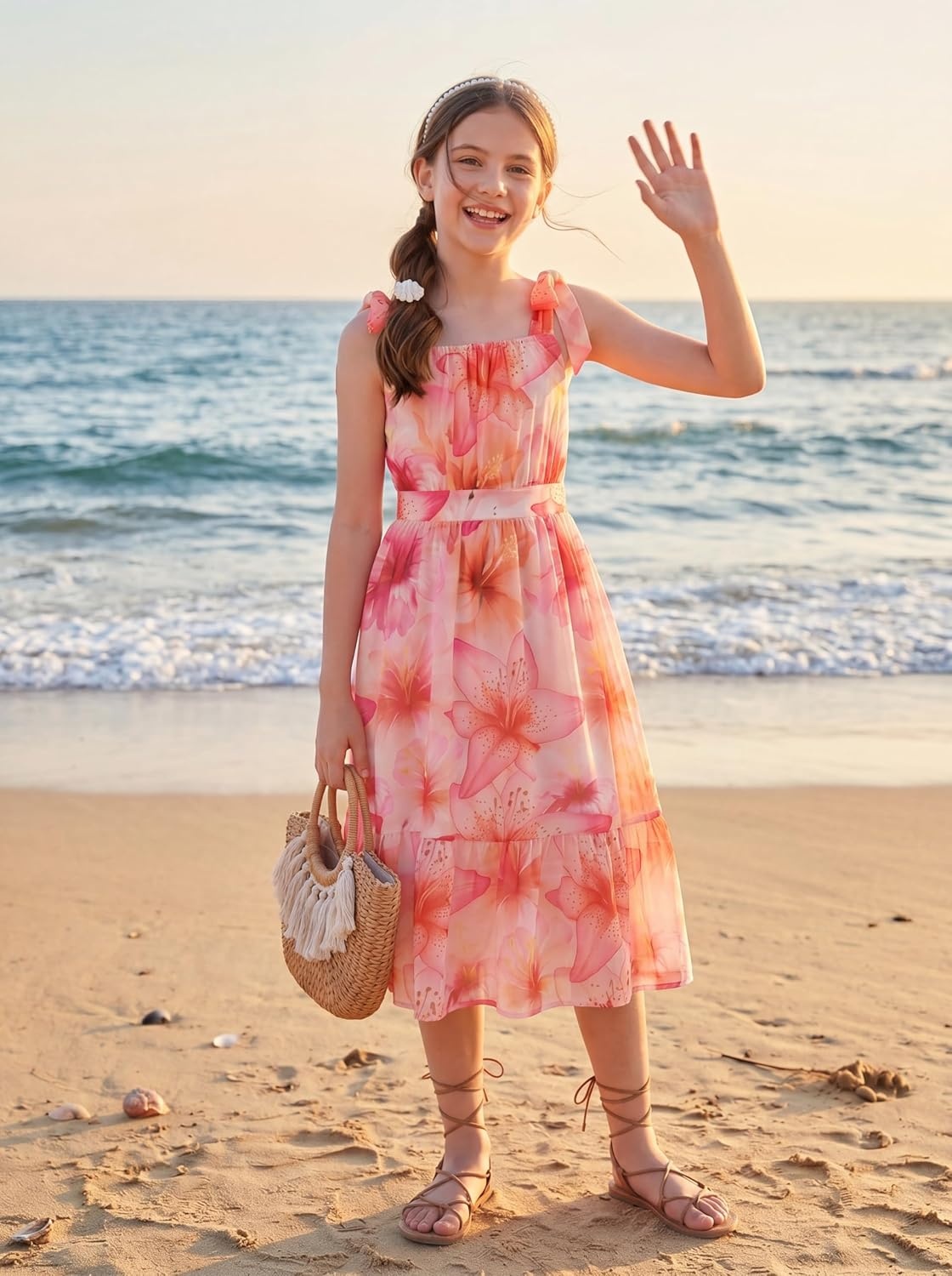 image:imageGRACE KARIN Girls Hawaiian Dress Floral Chiffon ALine Sleeveless Summer Sundress for Beach Vacation Party 716Coral Pink Large Floral
