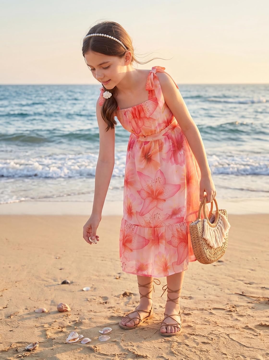 image:imageGRACE KARIN Girls Hawaiian Dress Floral Chiffon ALine Sleeveless Summer Sundress for Beach Vacation Party 716Coral Pink Large Floral