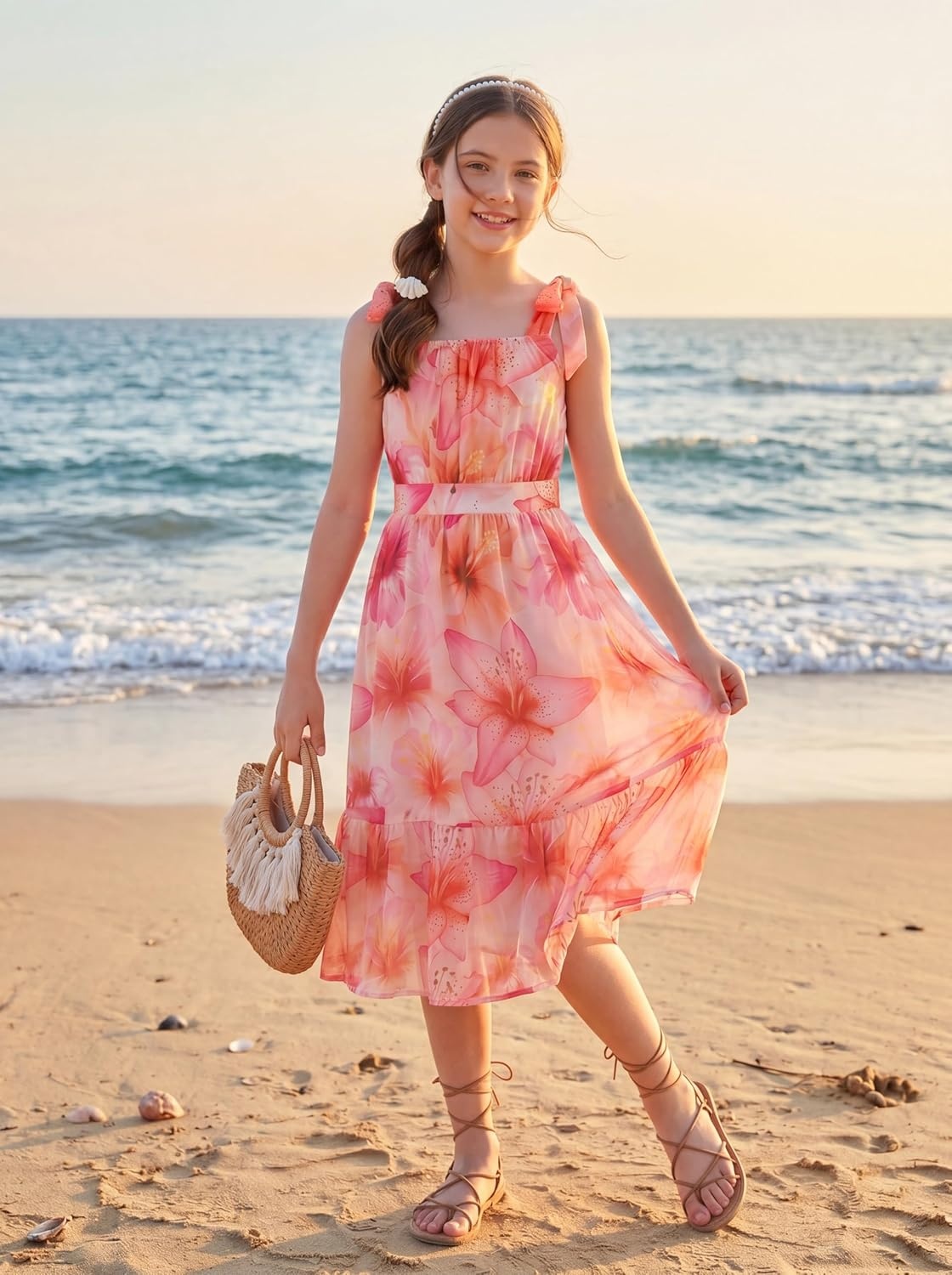 image:imageGRACE KARIN Girls Hawaiian Dress Floral Chiffon ALine Sleeveless Summer Sundress for Beach Vacation Party 716Coral Pink Large Floral