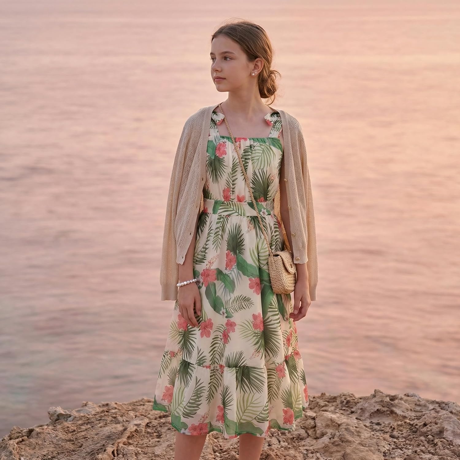 image:imageGRACE KARIN Girls Hawaiian Dress Floral Chiffon ALine Sleeveless Summer Sundress for Beach Vacation Party 716Green Leaf Floral