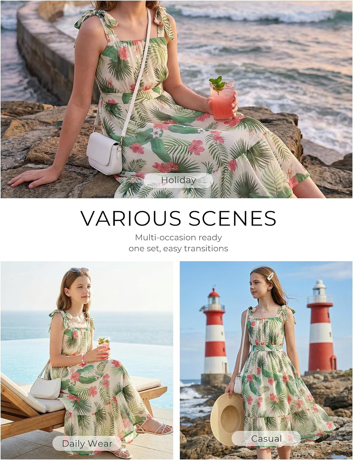 image:imageGRACE KARIN Girls Hawaiian Dress Floral Chiffon ALine Sleeveless Summer Sundress for Beach Vacation Party 716Green Leaf Floral