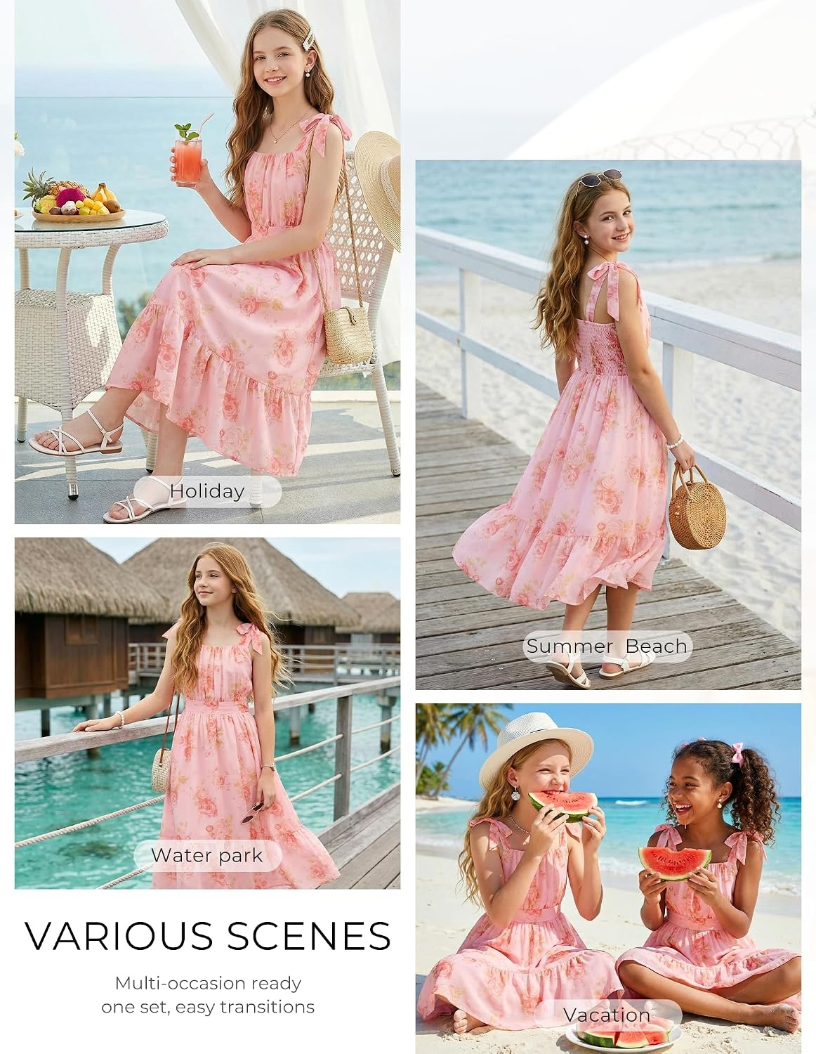 image:imageGRACE KARIN Girls Hawaiian Dress Floral Chiffon ALine Sleeveless Summer Sundress for Beach Vacation Party 716Pink Floral Yellow Leaf