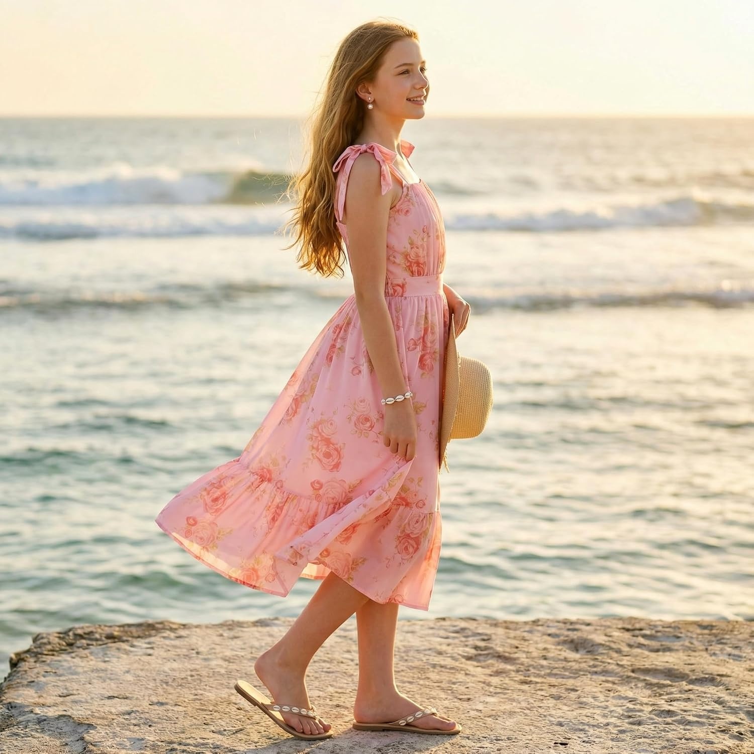 image:imageGRACE KARIN Girls Hawaiian Dress Floral Chiffon ALine Sleeveless Summer Sundress for Beach Vacation Party 716Pink Floral Yellow Leaf