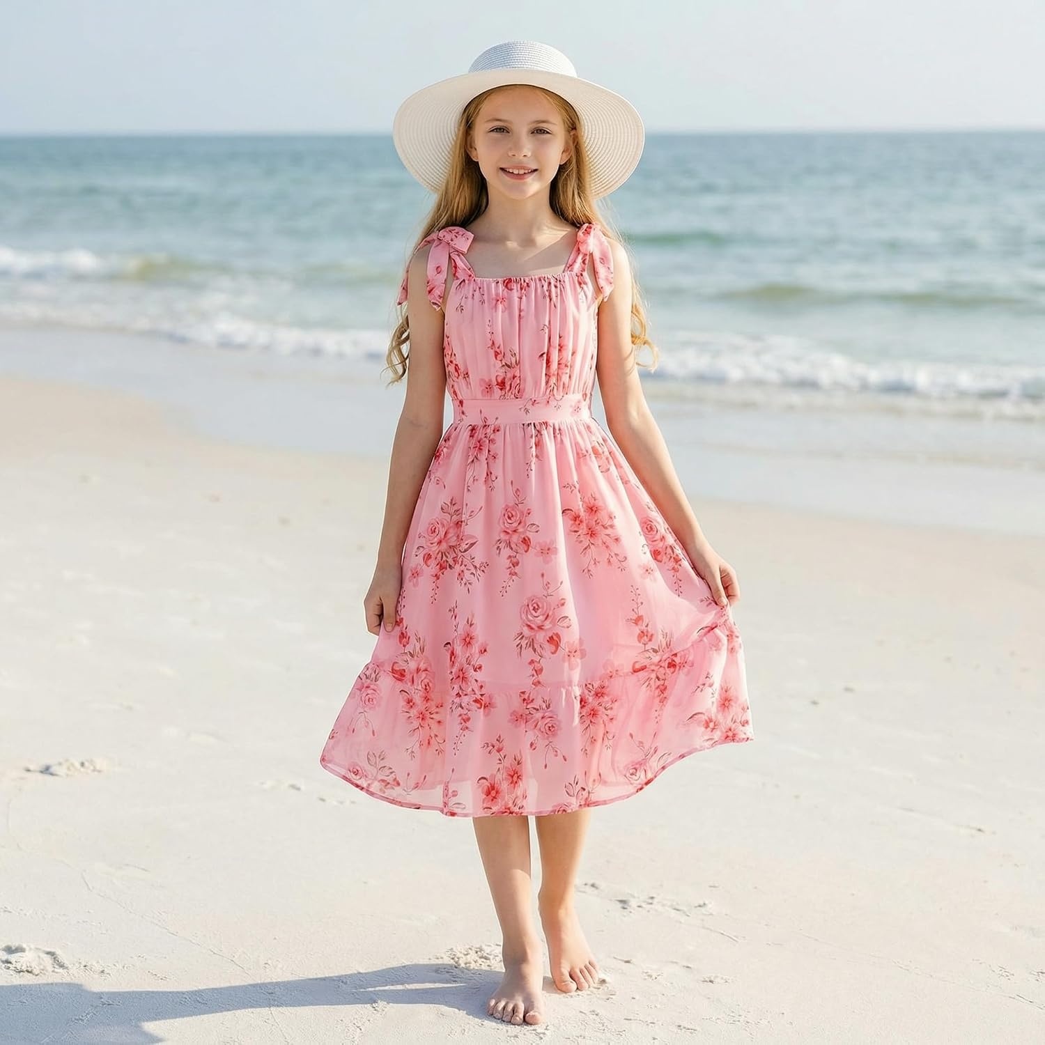 image:imageGRACE KARIN Girls Hawaiian Dress Floral Chiffon ALine Sleeveless Summer Sundress for Beach Vacation Party 716Pink Flower