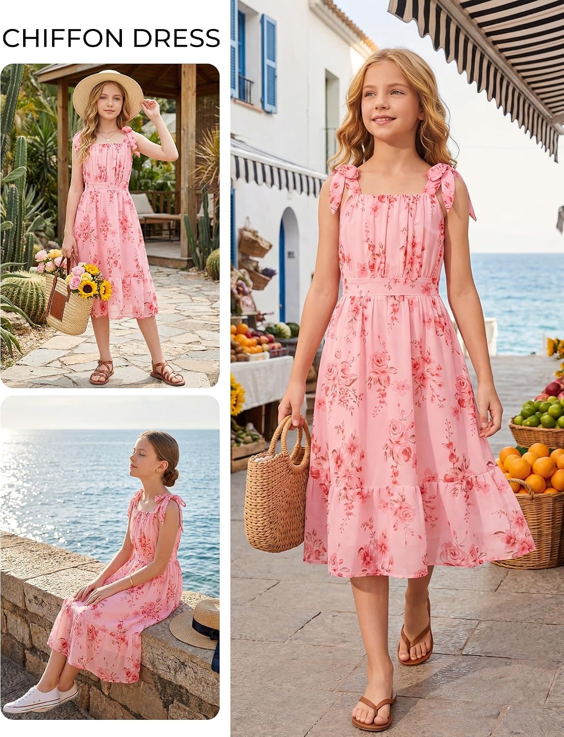 image:imageGRACE KARIN Girls Hawaiian Dress Floral Chiffon ALine Sleeveless Summer Sundress for Beach Vacation Party 716Pink Flower