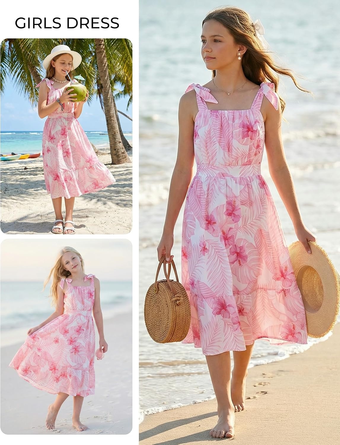 image:imageGRACE KARIN Girls Hawaiian Dress Floral Chiffon ALine Sleeveless Summer Sundress for Beach Vacation Party 716Pink Leaf Floral
