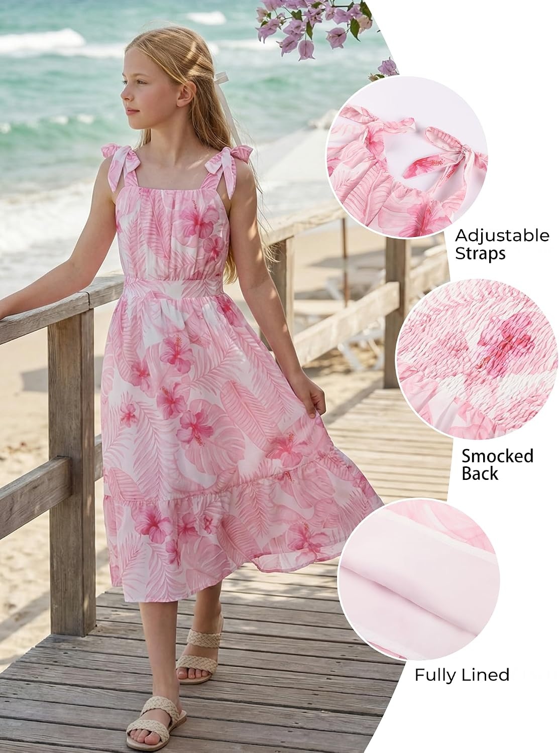 image:imageGRACE KARIN Girls Hawaiian Dress Floral Chiffon ALine Sleeveless Summer Sundress for Beach Vacation Party 716Pink Leaf Floral