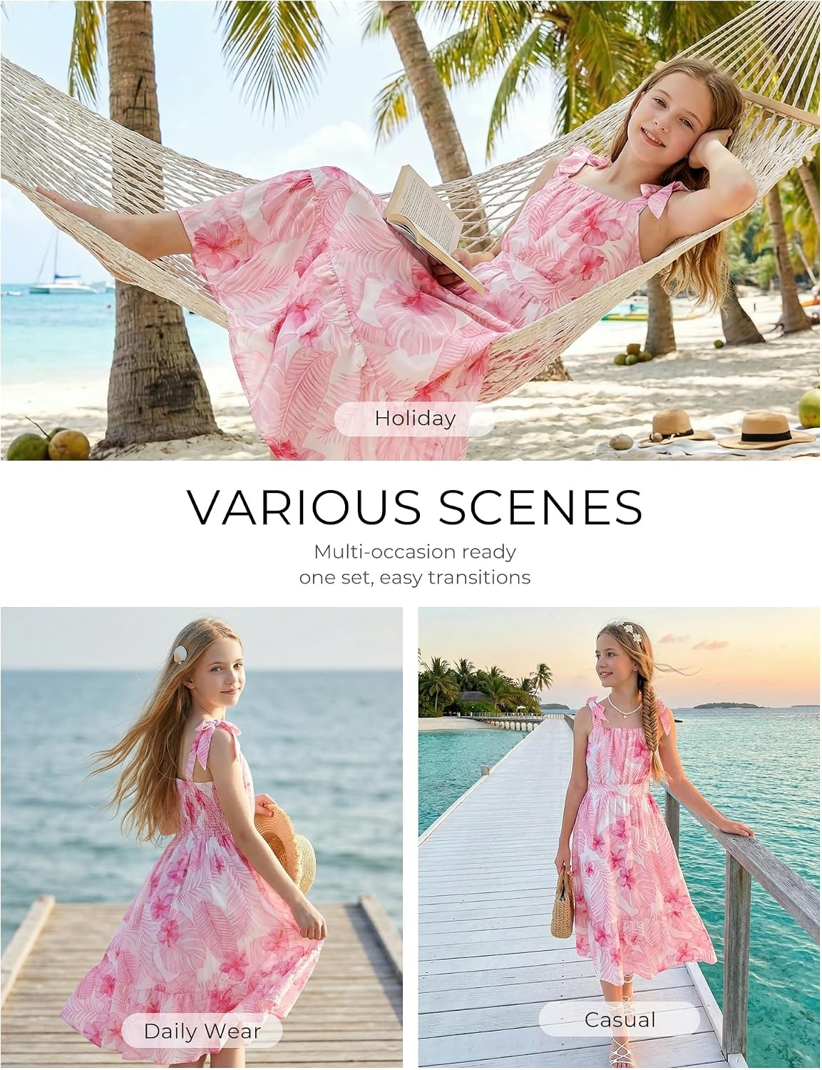 image:imageGRACE KARIN Girls Hawaiian Dress Floral Chiffon ALine Sleeveless Summer Sundress for Beach Vacation Party 716Pink Leaf Floral