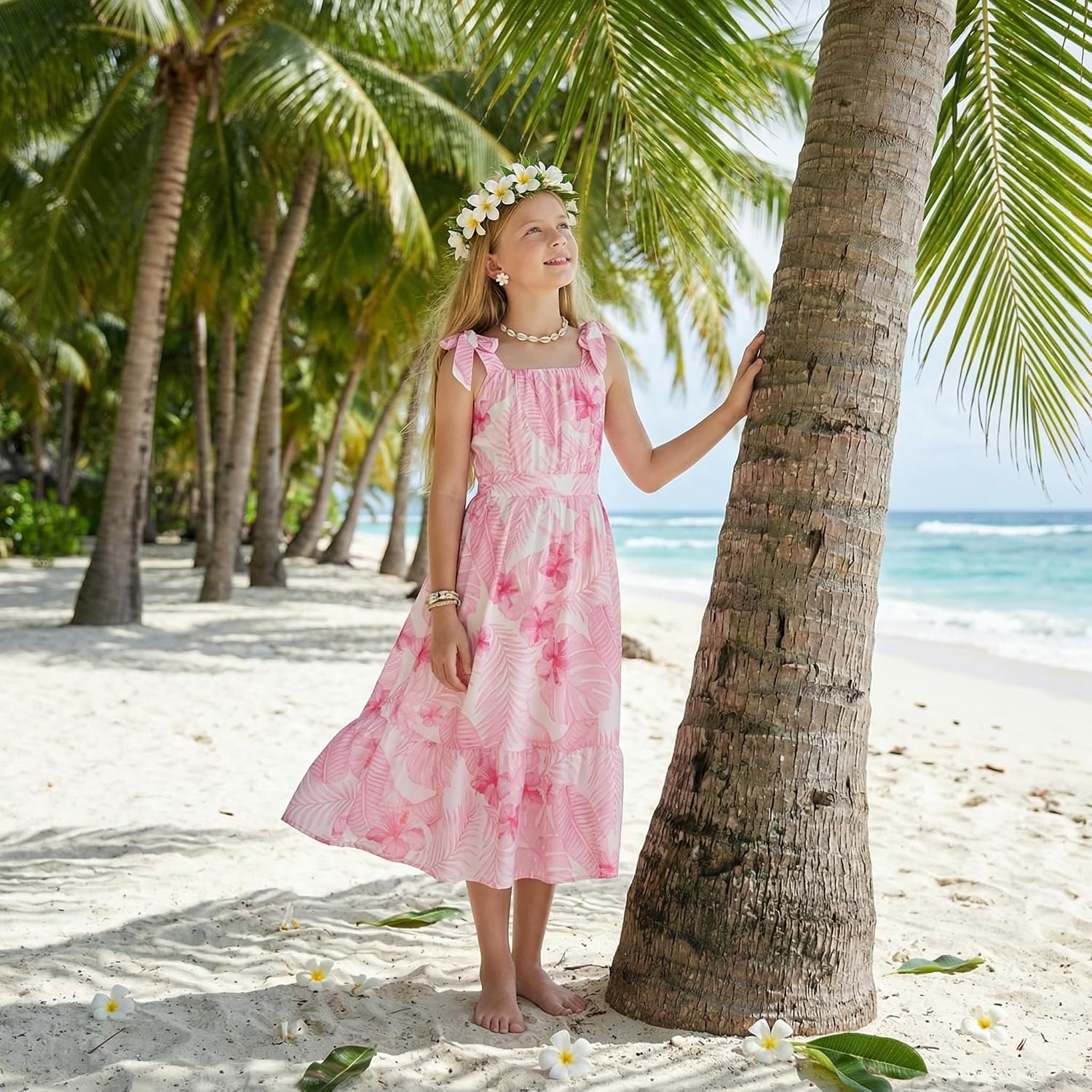 image:imageGRACE KARIN Girls Hawaiian Dress Floral Chiffon ALine Sleeveless Summer Sundress for Beach Vacation Party 716Pink Leaf Floral