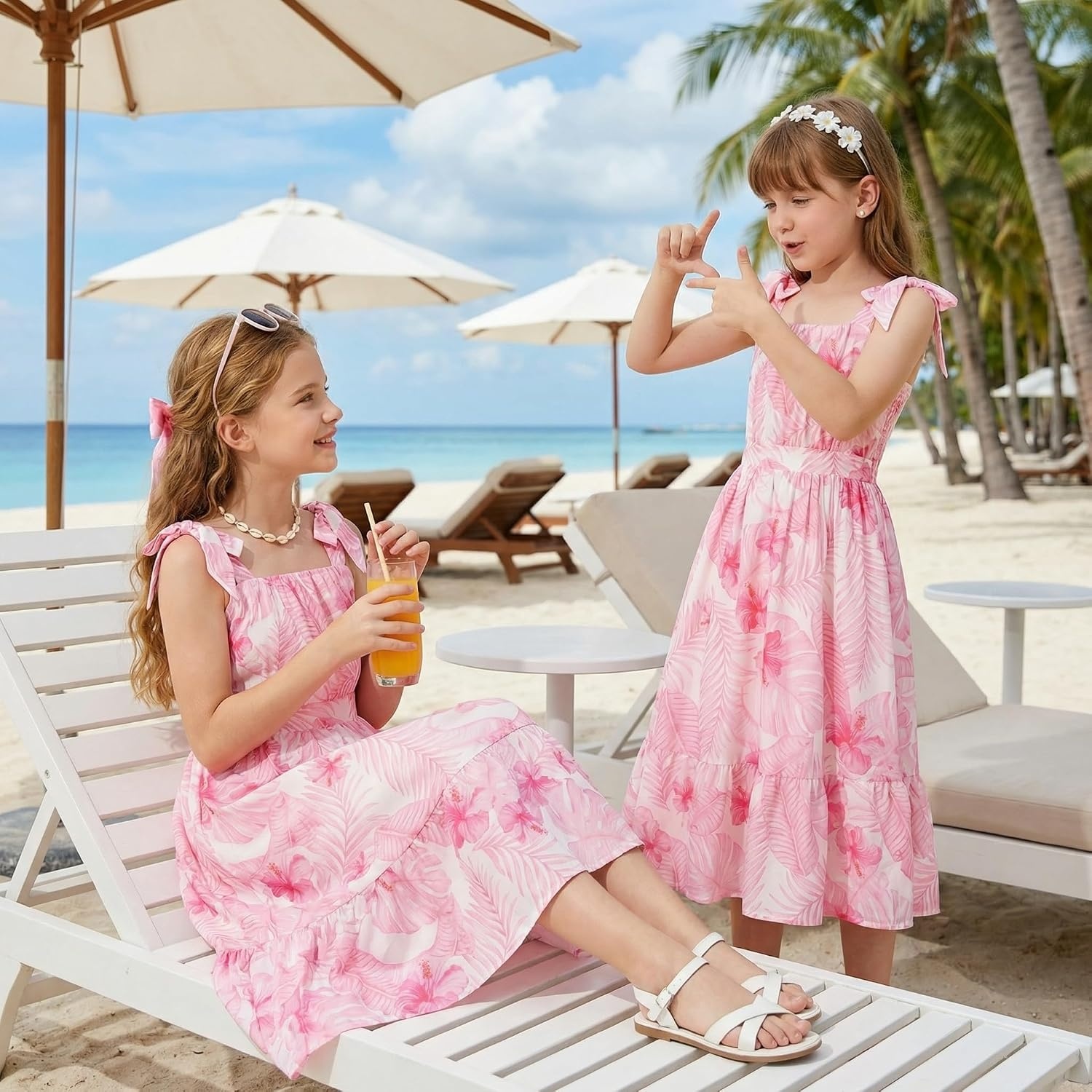 image:imageGRACE KARIN Girls Hawaiian Dress Floral Chiffon ALine Sleeveless Summer Sundress for Beach Vacation Party 716Pink Leaf Floral