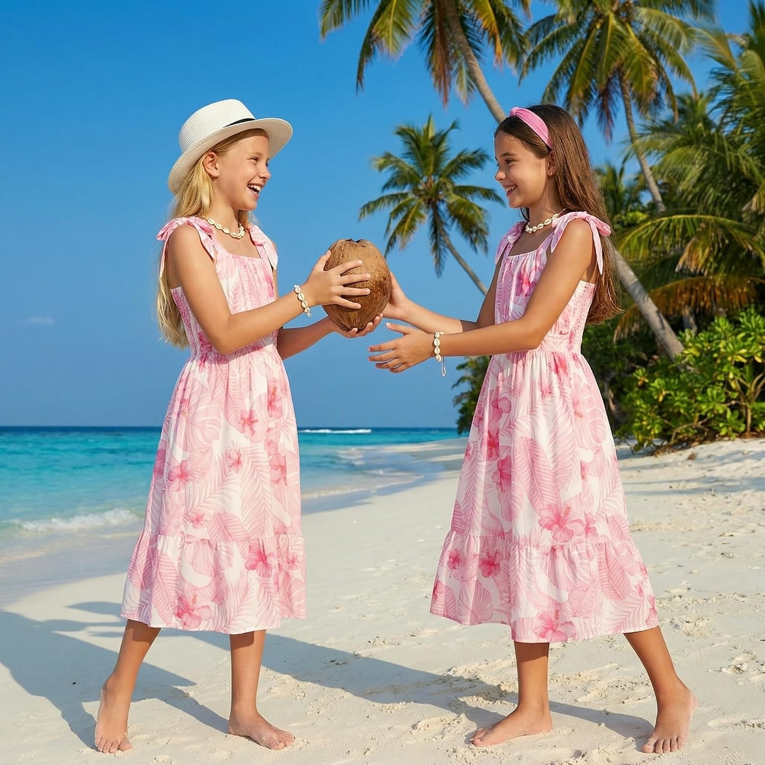 image:imageGRACE KARIN Girls Hawaiian Dress Floral Chiffon ALine Sleeveless Summer Sundress for Beach Vacation Party 716Pink Leaf Floral