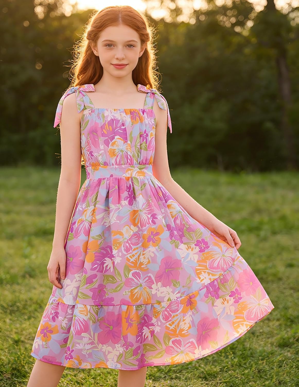 image:imageGRACE KARIN Girls Hawaiian Dress Floral Chiffon ALine Sleeveless Summer Sundress for Beach Vacation Party 716Tropical Purple Floral