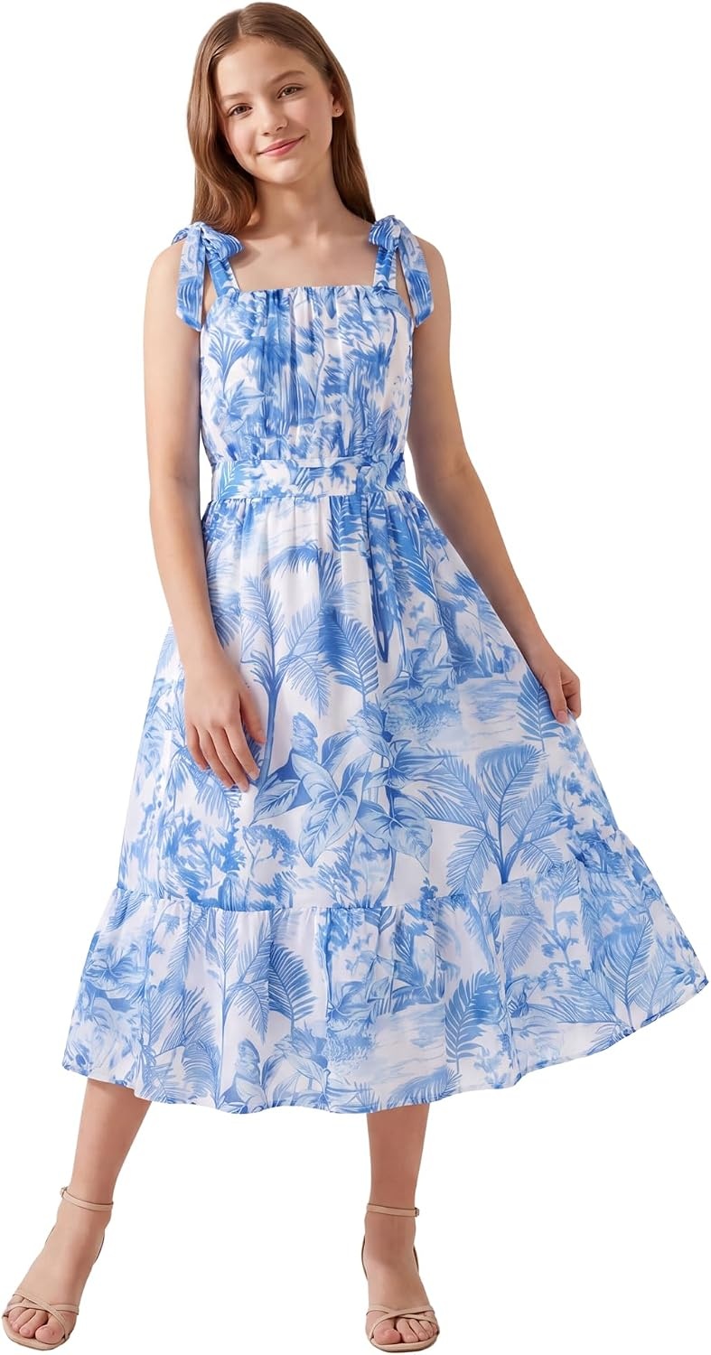 image:imageGRACE KARIN Girls Hawaiian Dress Floral Chiffon ALine Sleeveless Summer Sundress for Beach Vacation Party 716White Blue Tree Print
