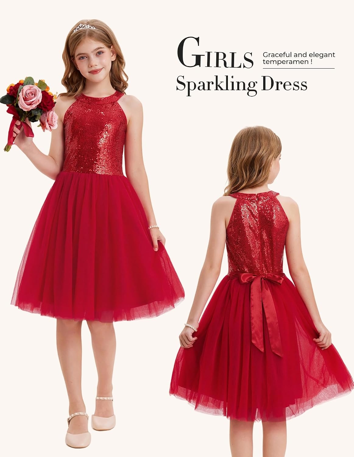 image:imageGRACE KARIN Girls Sequin Tulle Halter Dress Party Formal Gown Sparkly Glitter Sequins Soft Tulle Skirt Satin Bow Belt KneeLength Hidden Zipper Back for Birthday Wedding PageantRed