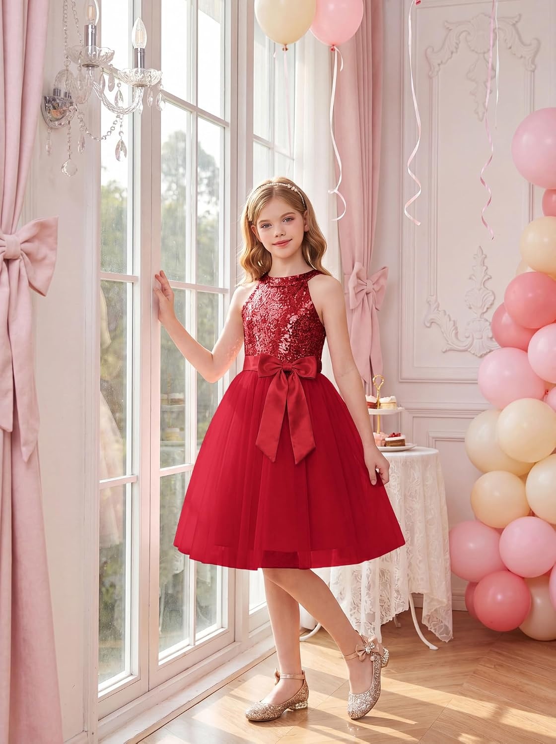 image:imageGRACE KARIN Girls Sequin Tulle Halter Dress Party Formal Gown Sparkly Glitter Sequins Soft Tulle Skirt Satin Bow Belt KneeLength Hidden Zipper Back for Birthday Wedding PageantRed