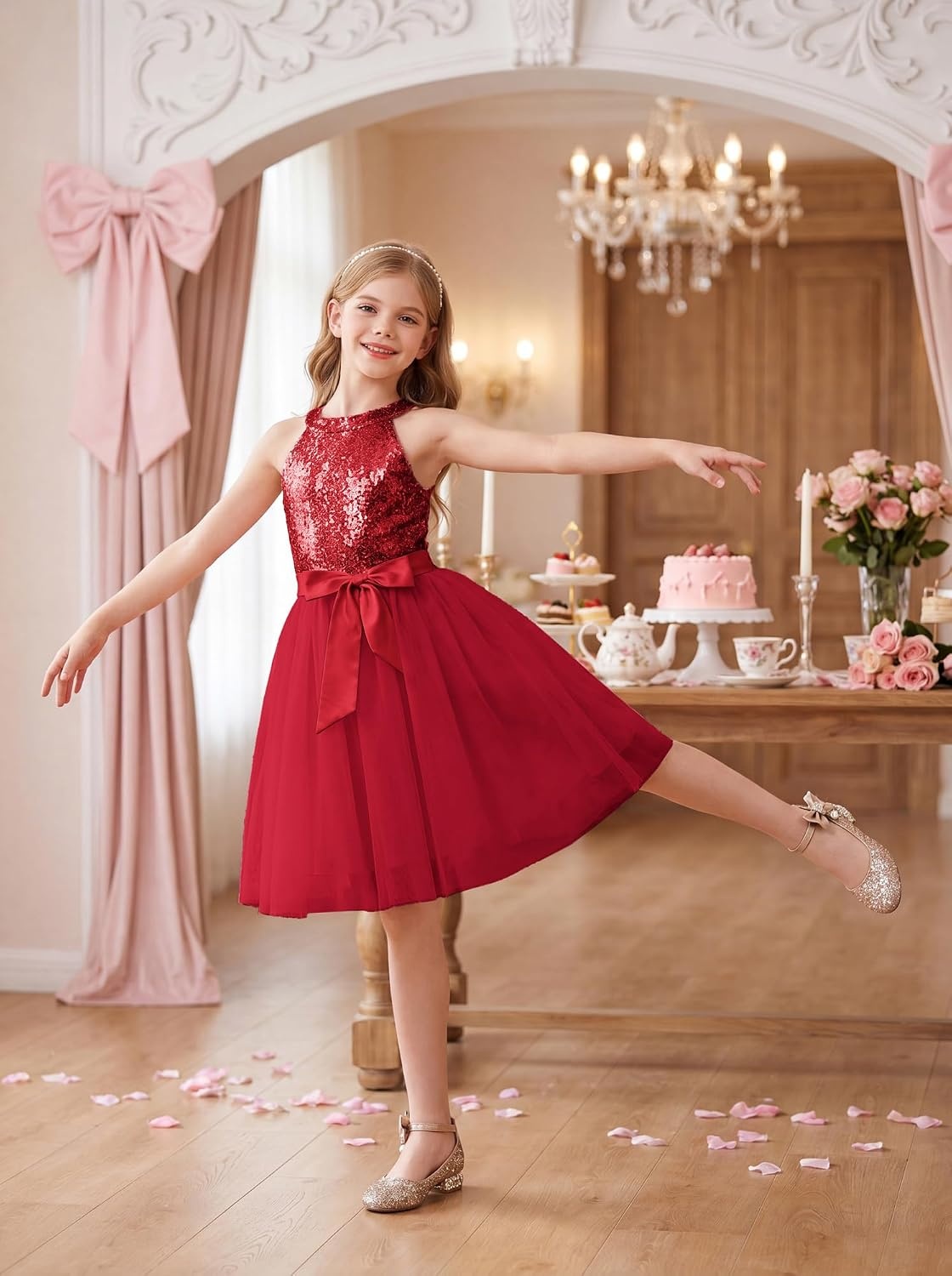 image:imageGRACE KARIN Girls Sequin Tulle Halter Dress Party Formal Gown Sparkly Glitter Sequins Soft Tulle Skirt Satin Bow Belt KneeLength Hidden Zipper Back for Birthday Wedding PageantRed