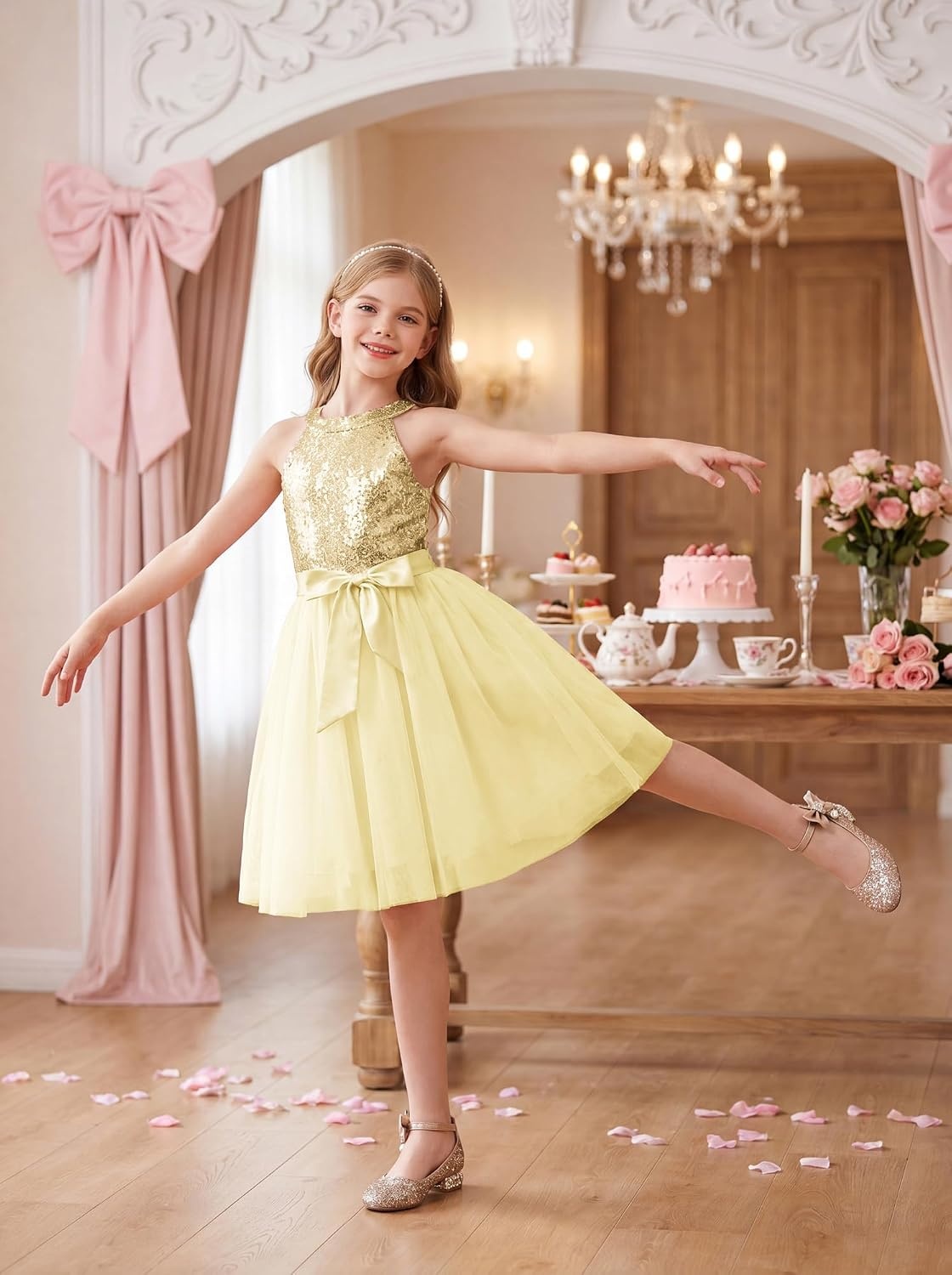 image:imageGRACE KARIN Girls Sequin Tulle Halter Dress Party Formal Gown Sparkly Glitter Sequins Soft Tulle Skirt Satin Bow Belt KneeLength Hidden Zipper Back for Birthday Wedding PageantChampagne Gold