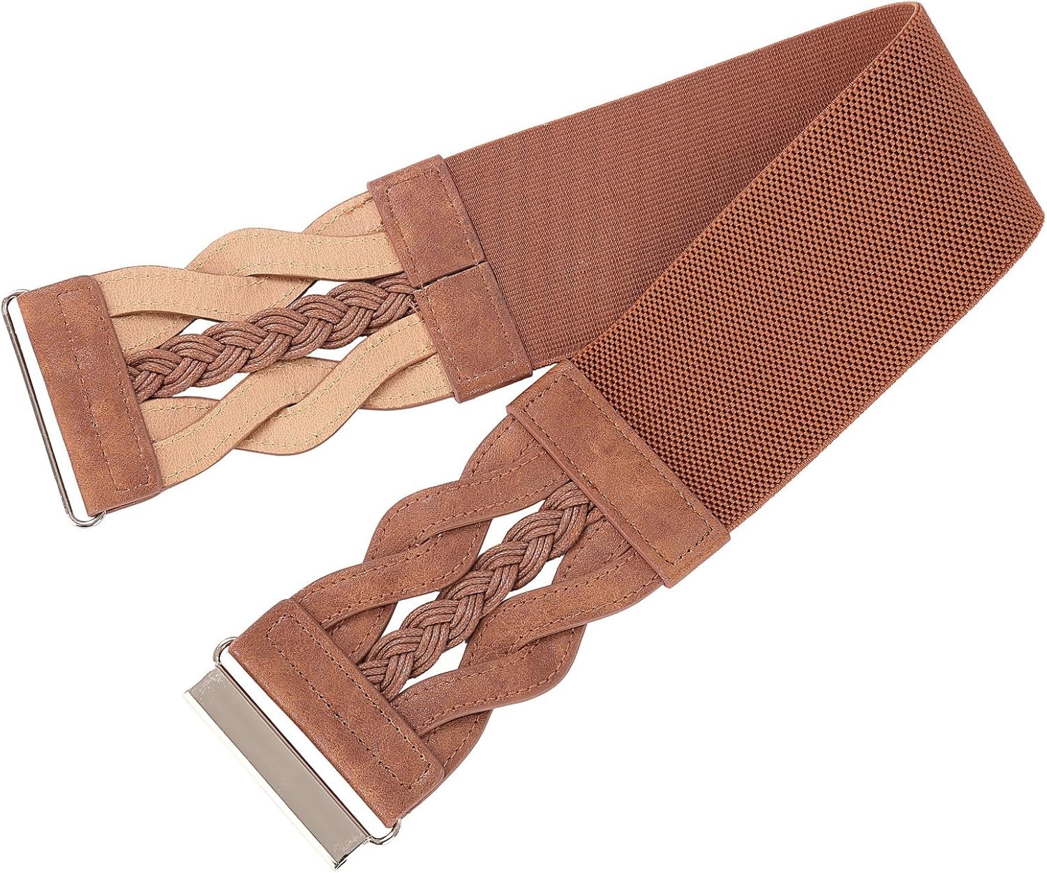 image:imageGRACE KARIN Wide Belts for Women Elastic Waist Belt 3 inch wide stretchy waistband Woven design Golden buckle For dresses skirt Vintage casual boho western styleBrown